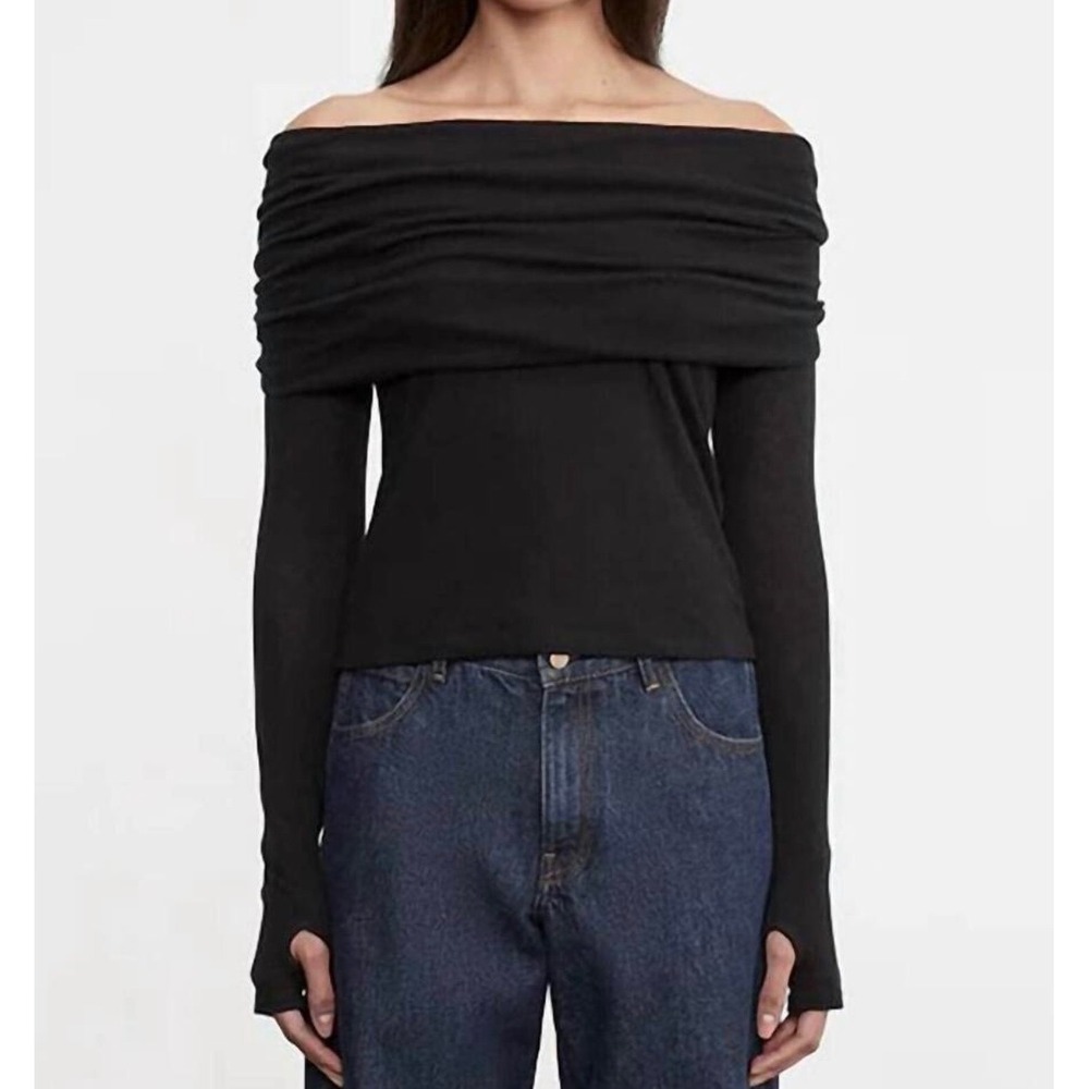ENZA COSTA Cashmere Off The Shoulder Top Women Small Black Long Sleeve NEW